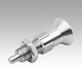 Indexing plungers, stainless steel with stainless steel mushroom grip, extended indexing pin, locking slot and locknut