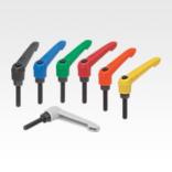 带外螺纹和锌制齿环的塑料锁紧手柄，钢制螺纹嵌入件经氧化处理