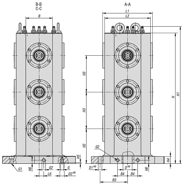 四面灰口铸铁塔式夹具，配备 UNILOCK 零点夹紧系统