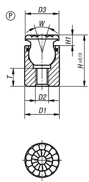 Self-aligning pads with O-ring, Form P, stainless steel ball with polyurethane face