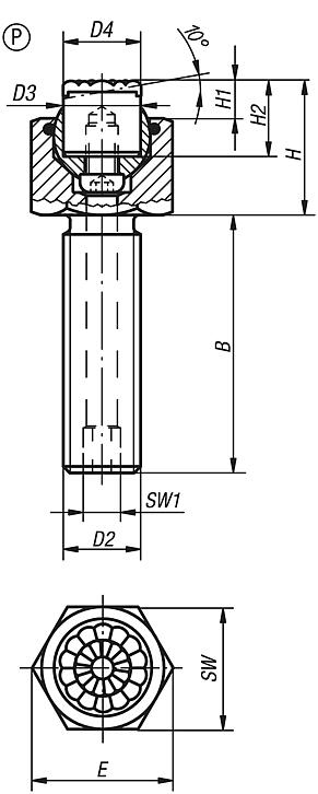 自适应球头端面，可调节，带 O 型圈和可更换嵌入件，P 型，不锈钢嵌入件，聚氨酯表面