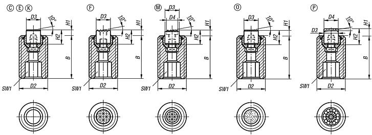 Self-aligning pads adjustable with O-ring, exchangeable inserts and hexagon socket
