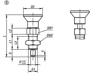 Indexing plungers, steel or stainless steel with plastic mushroom grip, extended indexing pin and locknut - inch