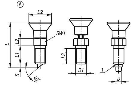 Indexing plungers, steel or stainless steel with plastic mushroom grip, rotation lock and lead-in chamfer, no locknut