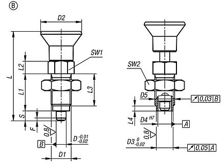 Premium - Indexing plungers, steel or stainless steel with plastic mushroom grip, cylindrical indexing pin and locknut