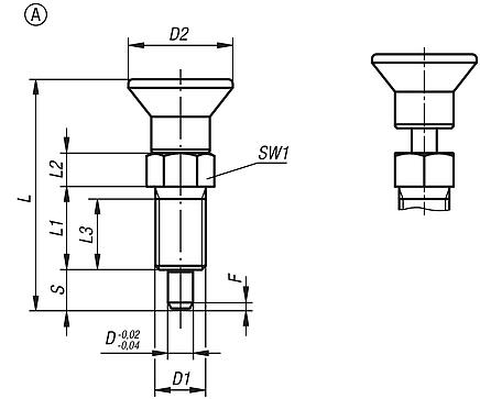 Indexing plungers, stainless steel with stainless steel mushroom grip and extended indexing pin, without locking slot or locknut