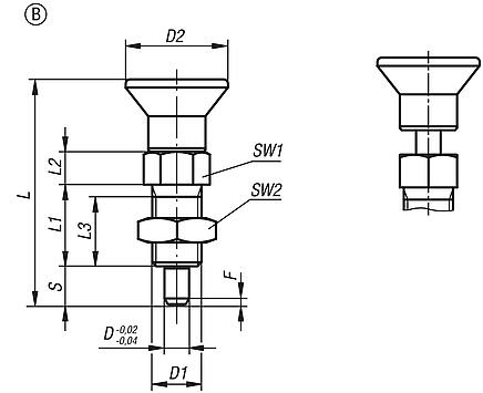 Indexing plungers, stainless steel with stainless steel mushroom grip, extended indexing pin and locknut