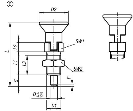 Indexing plungers, stainless steel with stainless steel mushroom grip, extended indexing pin, locking slot and locknut