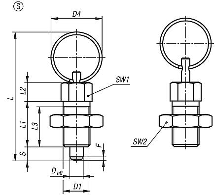 Indexing plungers ECO, steel or stainless steel, with round pull ring, with lock nut