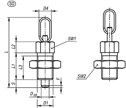 Indexing plungers ECO, steel or stainless steel, with oval pull ring, with lock nut