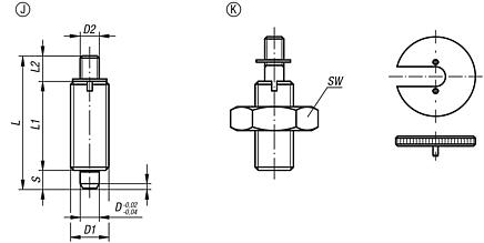 Indexing plungers, steel or stainless steel without collar, with threaded pin - inch