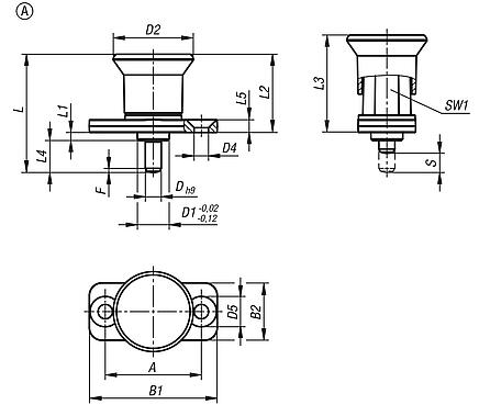 Indexing plungers mini, die-cast zinc with plastic mushroom grip and mounting flange, no locking slot