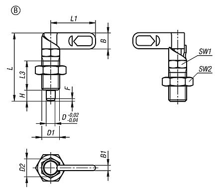 Cam-action indexing plungers with stop, Form B, without grip cap, with nut