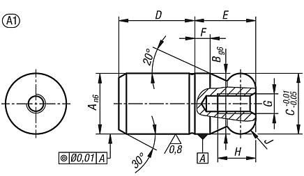 定位销，带球头，A 型，单侧内螺纹，带盲孔