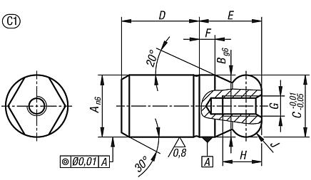 定位销，带球头，平头，C 型，单侧内螺纹，带盲孔