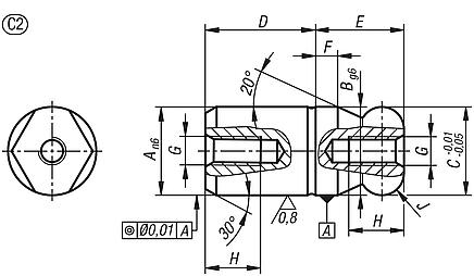定位销，带球头，平头，C 型，双侧内螺纹，带盲孔