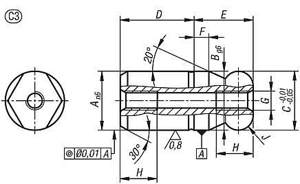 定位销，带球头，平头，C 型，双侧内螺纹，带通孔