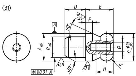 定位销，带球头，B 型，单侧内螺纹，带盲孔
