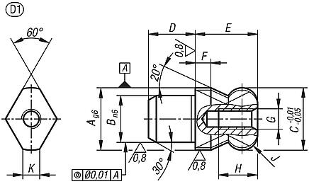 定位销，带球头，平头，D 型，单侧内螺纹，带盲孔
