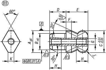 定位销，带球头，平头，D 型，双侧内螺纹，带通孔