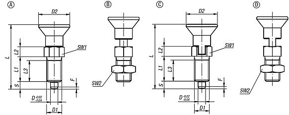 Indexing plungers, steel or stainless steel with plastic mushroom grip - inch