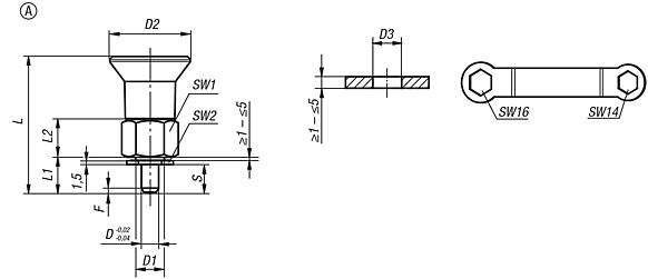 Indexing plungers, steel or stainless steel for thin-walled parts, with plastic mushroom grip, no locking slot