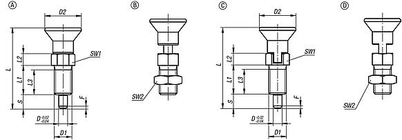 Indexing plungers, stainless steel with stainless steel mushroom grip and extended locking pin