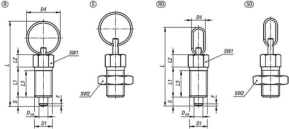 Indexing plungers ECO, steel or stainless steel, with stainless steel pull ring