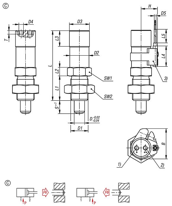 Indexing plungers, stainless steel, pneumatic, Form C, double acting