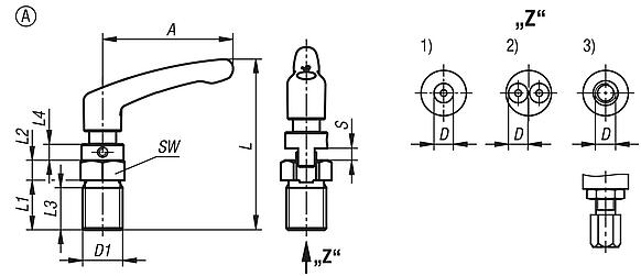 Actuating elements for remote control, stainless steel, without detent function, with clamping lever, Bowden cable systems