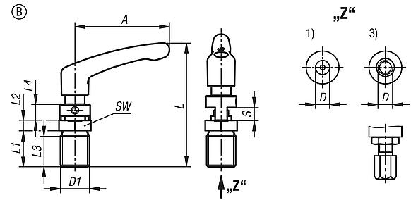 Actuating elements for remote control, stainless steel, with detent function and clamping lever, Bowden cable systems