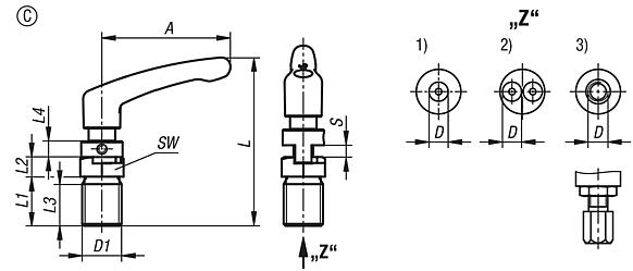 Actuating elements for remote control, stainless steel, with detent function, rotation lock and clamping lever, Bowden cable systems