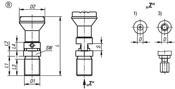 Actuating elements for remote control, stainless steel, with detent function and mushroom grip, Bowden cable systems