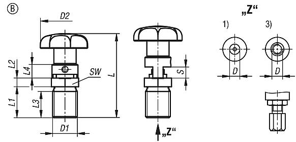 Actuating elements for remote control, stainless steel, with detent function and star grip, Bowden cable systems
