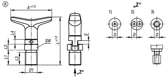 Actuating elements for remote control, stainless steel, without detent function, with T-grip, Bowden cable systems