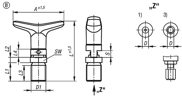 Actuating elements for remote control, stainless steel, with detent function and T-grip, Bowden cable systems