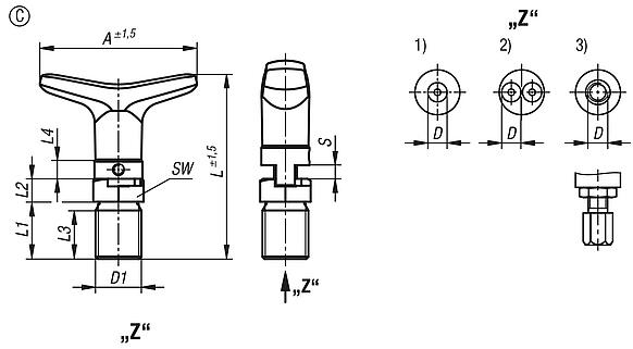 Actuating elements for remote control, stainless steel, with detent function, rotation lock and T-grip, Bowden cable systems