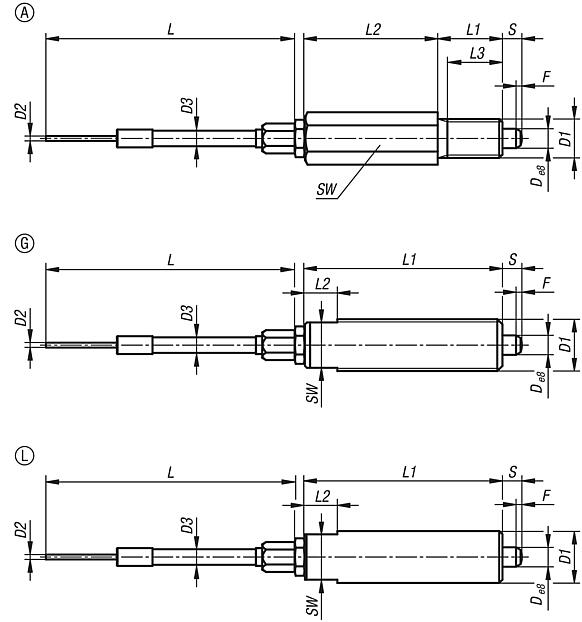 Indexing plungers, stainless steel, for remote control, Bowden cable systems