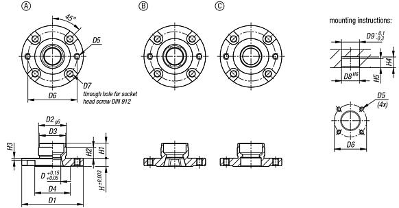 Locating bushes, hardened and black oxidised steel, for pneumatic locating cylinders