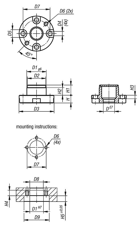 Locating bushes, nickel-plated steel, for pneumatic locating cylinder