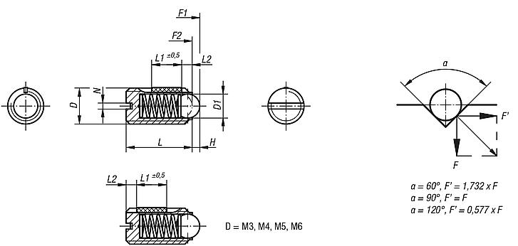 Spring plungers with slot and ball, stainless steel, with thread lock