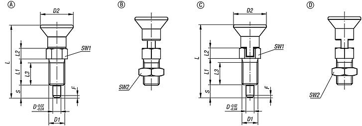 钢制或不锈钢锁紧柱塞，带塑料蘑菇头把手和加长锁紧销