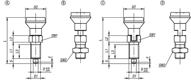 Indexing plungers, steel or stainless steel with plastic mushroom grip and cap