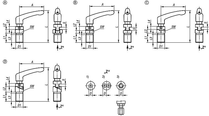 Actuating elements for remote control, stainless steel, with clamping lever, Bowden cable systems