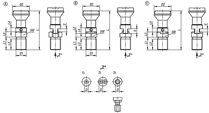 Actuating elements for remote control, stainless steel, with mushroom grip, Bowden cable systems
