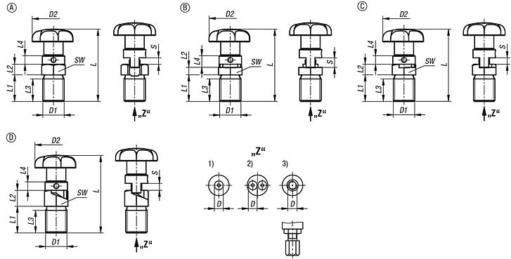 Actuating elements for remote control, stainless steel, with star grip, Bowden cable systems