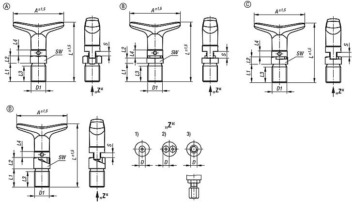 Actuating elements for remote control, stainless steel with T-grip, Bowden cable systems