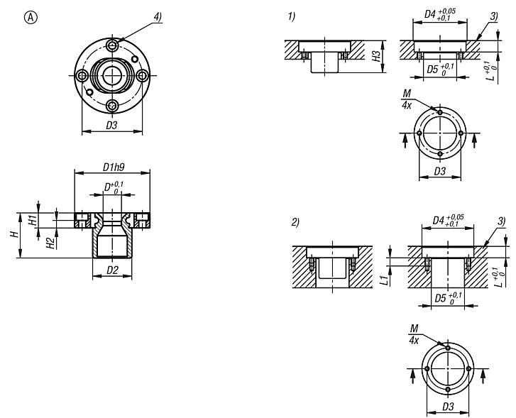 Locating bushes, stainless steel, floating, for ball lock pins, Form A