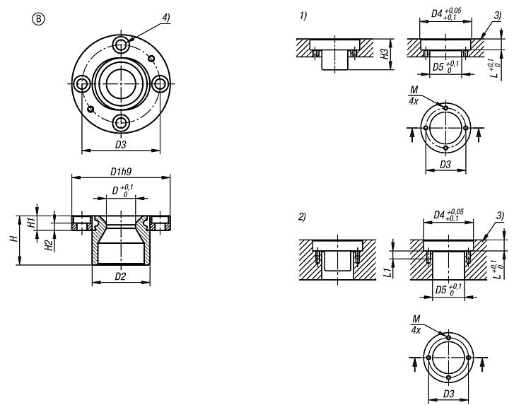 Locating bushes, stainless steel, floating, for ball lock pins, Form B