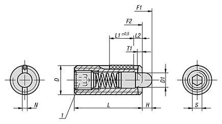 带内六角和止动顶销的弹簧柱塞，不锈钢，标准弹簧弹力，带螺纹锁 - inch